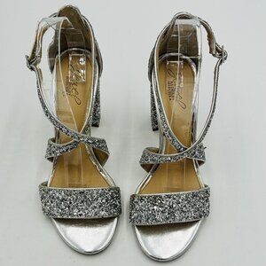 Jewel Badgley Mischka Cook 4" High Block Heels Silver Glitter Size 8.5 Worn Once